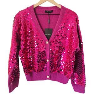 NWT Beulah Style Fuchsia Sequin Cardigan S/M Pink Gold Button Sweater